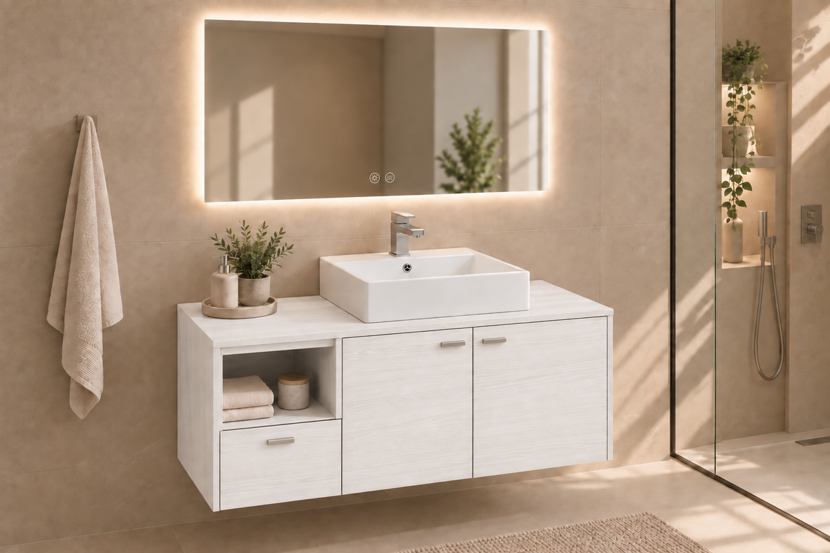 Mueble de baño NAXOS en Blanco Nórdico con lavabo Libra y tiradores
