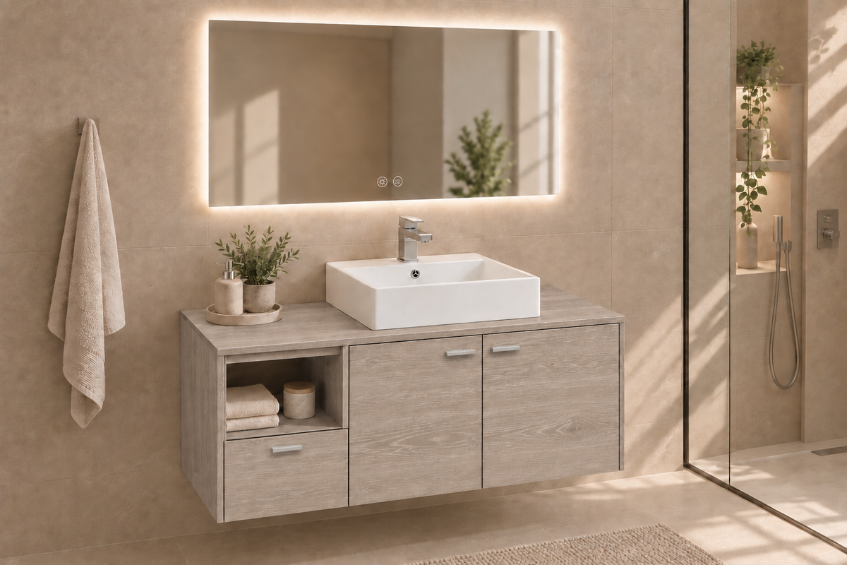 Mueble de baño NAXOS en Roble Smoky con lavabo Libra y tiradores